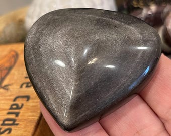 Polished Silver Sheen Obsidian Heart Palm Stone, Pocket Stone