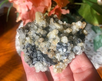 May include: A cluster of black and white crystals, with a rough, natural texture. The crystals are arranged in a random pattern, creating a unique and interesting display.