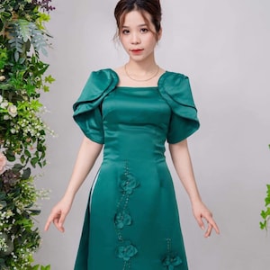 Women Ao Dai - Green Floral with Flap Over Short Sleeves