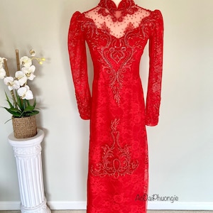 Bridal Ao Dai - Red with Bead Design - Size S