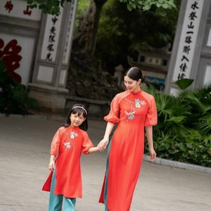 Mommy and Me Ao Dai - Red with Embroidered Design