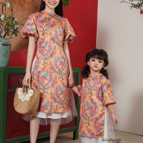 Mommy and Me Ao Dai - Modern Puff Sleeve Bird Floral Print With Skirt