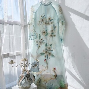 Modern Women Ao Dai - Teal Green with Ivory Flowers