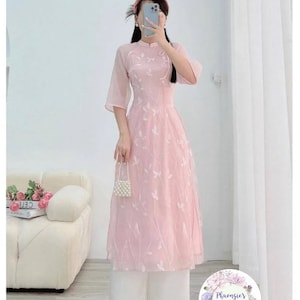 Modern Ao Dai - Embroidered Floral Design - Light Pink or White