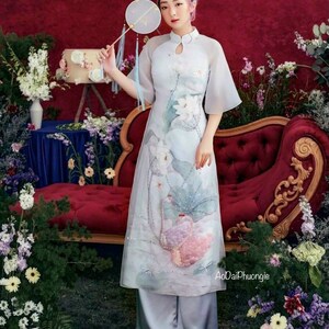 Women Ao Dai - Modern Swan Design - Blue