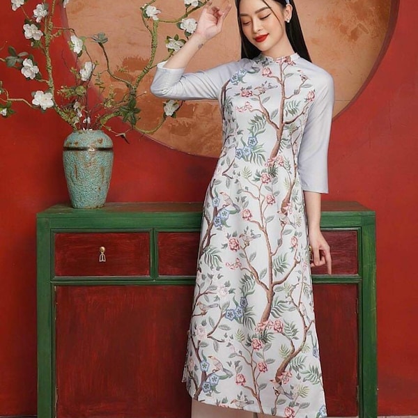 Women Ao Dai - Floral and Bird Two Tone - Light Mint Green or Red