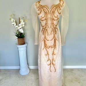 Bridal Ao Dai - Cream Lace with Gold Swirl Bead Design - Size S