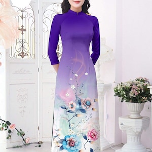 Women Ao Dai - Floral Ombré 3D Print - Purple or Sky Blue
