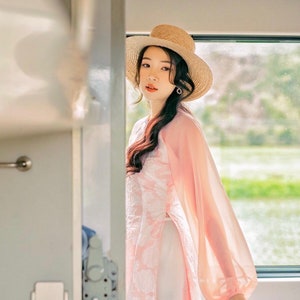 Women Ao Dai - Blush Pink Floral Brocade with Pearl Neckline