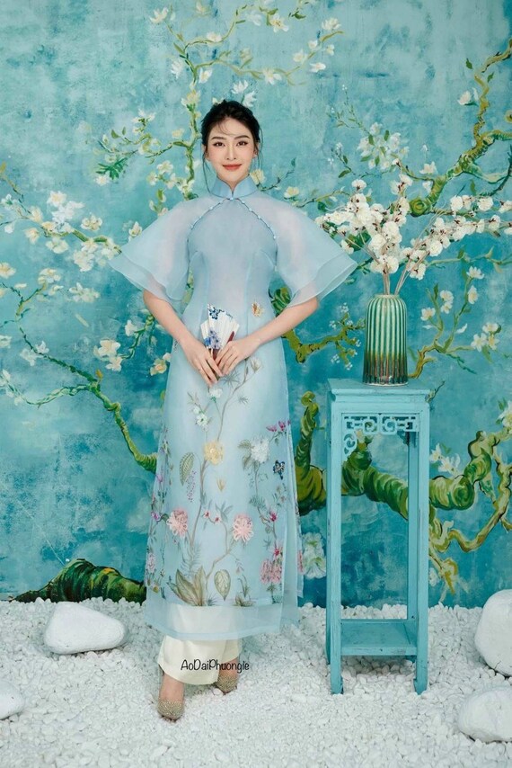 Modern Women Ao Dai Light Blue Tiered Sleeves in Floral Design Etsy Canada