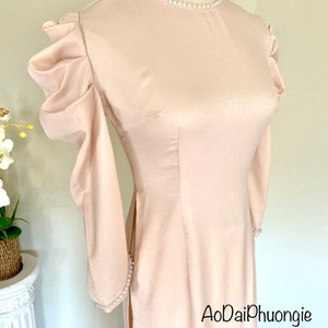 Women Ao Dai - Solid Color with Bead Design - Teal/Beige/Mustard Yellow