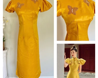 Modern Ao Dai - Gold Butterfly Flutter Sleeves