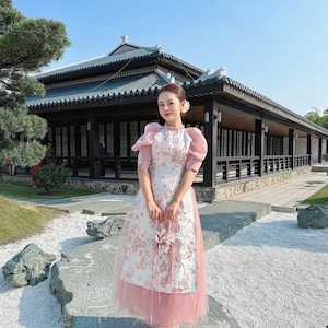 Modern Ao Dai - Brocade Puff Sleeve with Skirt - Red or Pink