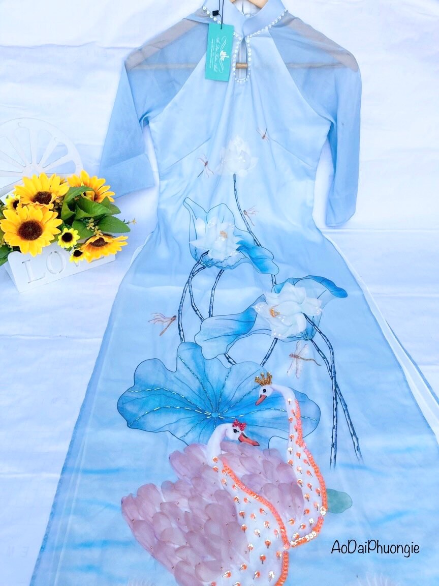 Women Ao Dai Modern Swan Design Blue - Etsy
