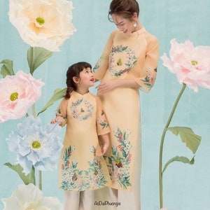 Mommy and Me Ao Dai - Yellow Beaded Butterfly and Floral Design
