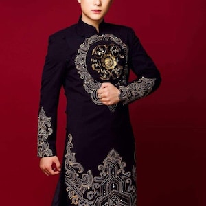Men Ao Dai - 3D  Swirl Design in Blue or Black