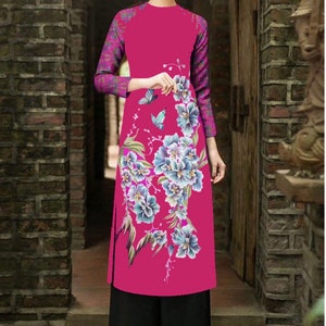 Ao Dai - Matching Mom and Me - Floral Silk 3D in Dark Pink