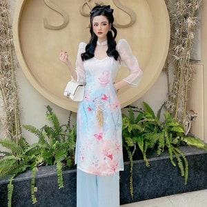 Modern Ao Dai - Lady in Butterfly Garden - Pink or Blue