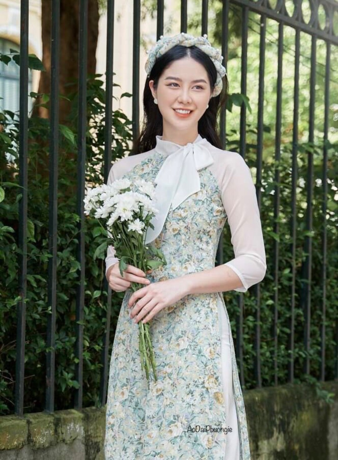 Women Ao Dai Two Tone Green Mini-floral With Bow Tie - Etsy