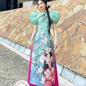 Modern Ao Dai - Green 3-pc Floral Cape Set