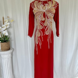 Women Ao Dai - Dark Red with Gold/Silver Bead Design