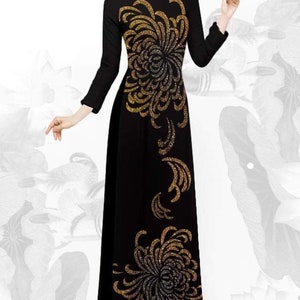 Silk Ao Dai -  3D Print Black and Gold Swirl