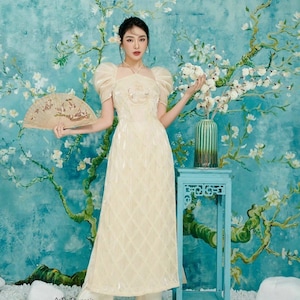 Modern Ao Dai - Ivory Tie-Neck Puff Sleeves