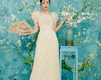 Modern Ao Dai - Ivory Tie-Neck Puff Sleeves