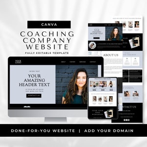 May include: A mockup of a website template for a coaching company. The website is designed in a modern, minimalist style with a black and white color scheme. The website features a large header image of a woman with a brick wall background, a section for pricing and services, and a contact form. The text on the website includes the words "Coaching Company Website", "Your Amazing Header Text", "Pricing & Services", and "Contact Us".