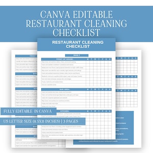 May include: A printable restaurant cleaning checklist template in blue and white. The checklist is divided into sections for front of house, bar area, and kitchen. Each section includes a list of cleaning tasks and a daily, weekly, and monthly schedule for completing them. The checklist is fully editable in Canva and is available in US letter size (8.5 x 11 inches).