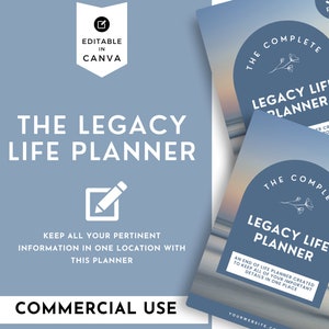 May include: A blue and white digital planner with the text "The Complete Legacy Life Planner" and "35 Pages". The planner is designed to help people organise their important details and information for their loved ones.