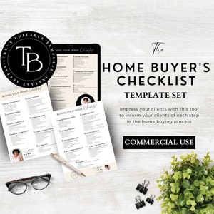 May include: A Home Buyer's Checklist template set with the text "The Home Buyer's Checklist Template Set" and "Commercial Use". The image includes a tablet, printed checklists, a pen, glasses, and binder clips.