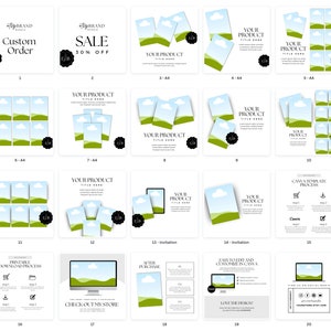 Pu&ograve; includere: Una collezione di modelli di prodotti digitali in bianco e nero. Alcuni modelli presentano mockup di prodotti con cieli blu e colline verdi. Il testo include "Custom Order", "Sale 30% Off" e "Your Product Title Here."