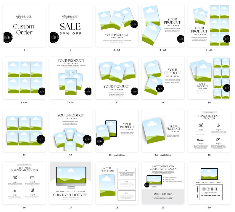 Pu&ograve; includere: Una collezione di modelli di prodotti digitali in bianco e nero. Alcuni modelli presentano mockup di prodotti con cieli blu e colline verdi. Il testo include "Custom Order", "Sale 30% Off" e "Your Product Title Here."