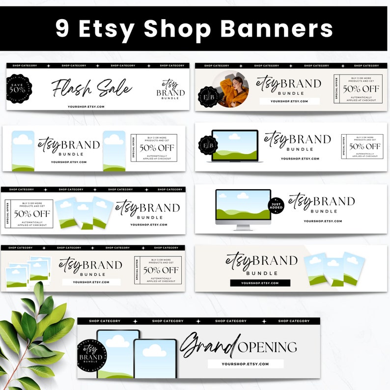 Pu&ograve; includere: Nove banner per negozi Etsy con vari design. I banner presentano testo come "Flash Sale" e "Grand Opening", insieme al nome del negozio e al sito web. Alcuni banner includono immagini e offerte speciali, il tutto in uno stile pulito e moderno.