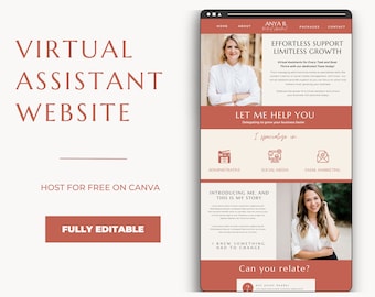 Plantilla de sitio web de Canva para asistente virtual, plantilla de sitio web de Canva, portafolio de asistente virtual, sitio web de una página, coach de pequeñas empresas