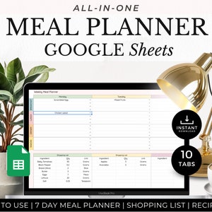 Google Sheets Mahlzeitenplaner und Kalender, Abendessen Plan Vorlage, Wöchentliche Essensmahlzeit-Zubereitung, To Do Liste, Haupt-Einkaufsliste Printable, Rezeptbuch