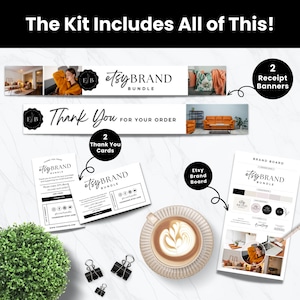 Pu&ograve; includere: Un kit di bundle del marchio Etsy con banner di ricevute, biglietti di ringraziamento e un brand board. L'immagine include una tazza di caff&egrave;, fermagli e una piccola pianta su una superficie di marmo bianco. Il testo recita "Etsy Brand Bundle".