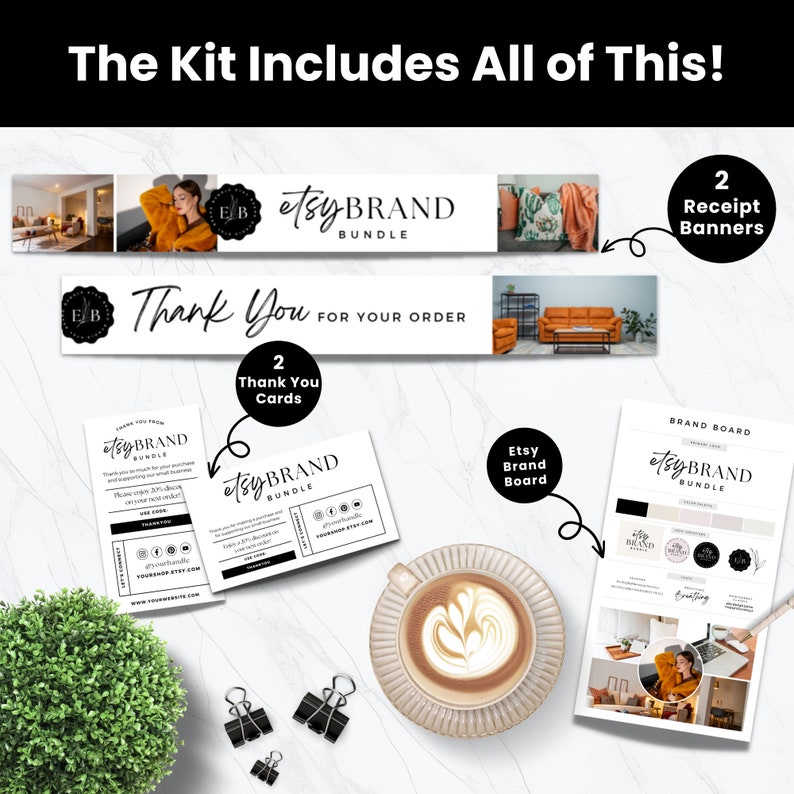 Pu&ograve; includere: Un kit di bundle del marchio Etsy con banner di ricevute, biglietti di ringraziamento e un brand board. L'immagine include una tazza di caff&egrave;, fermagli e una piccola pianta su una superficie di marmo bianco. Il testo recita "Etsy Brand Bundle".