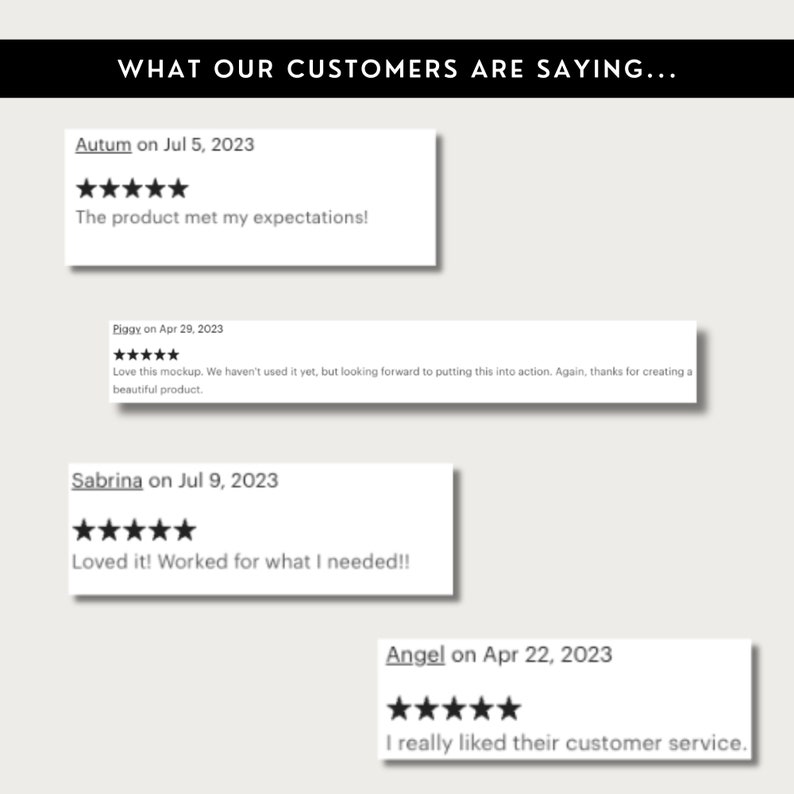 May include: A screenshot of a website displaying customer reviews. All the reviews are positive and feature five-star ratings. The reviews are from customers named Autum, Piggy, Sabrina, and Angel. The reviews are about a product or service that the customers are pleased with.