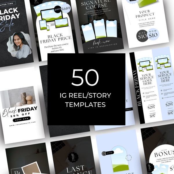 50 Black Friday Instagram Template, Black Friday IG Stories and Reels, Black Friday, Black Friday Sales, Canva Template, Cyber Sale