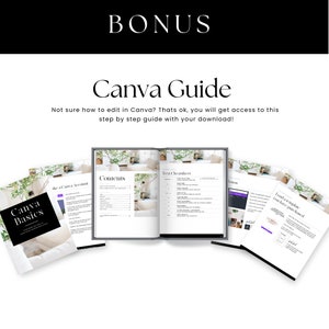 Pu&ograve; includere: Una guida digitale di Canva con il titolo "Canva Guide" e la parola "BONUS" in alto. La guida include il testo "Canva Basics" e "Contents". La guida &egrave; progettata per aiutare gli utenti a modificare in Canva.