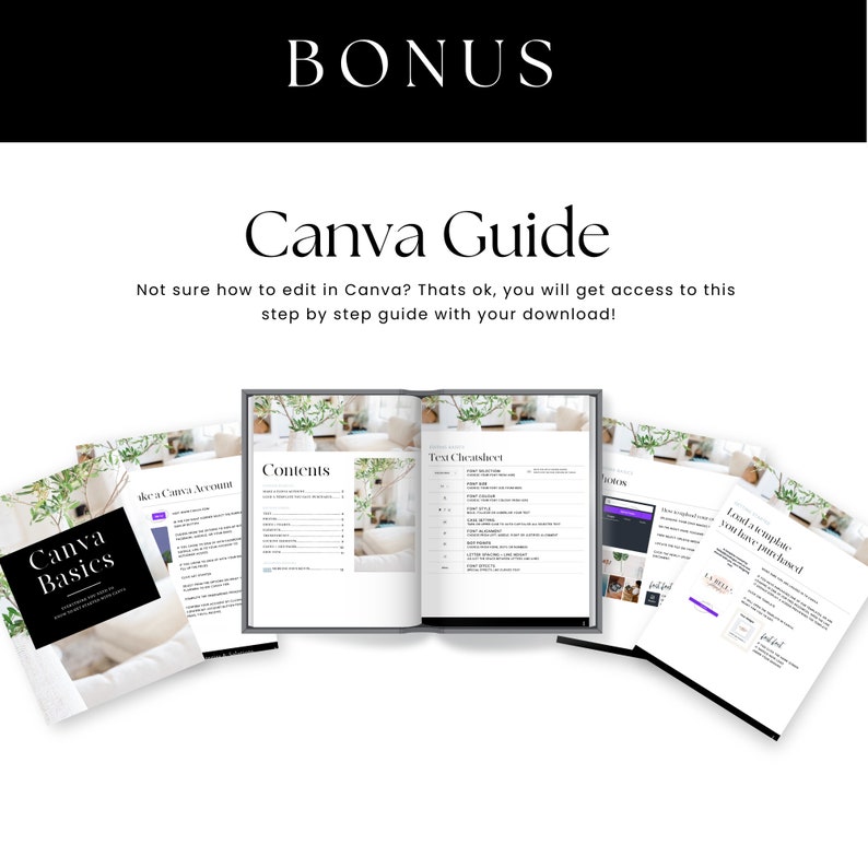 Pu&ograve; includere: Una guida digitale di Canva con il titolo "Canva Guide" e la parola "BONUS" in alto. La guida include il testo "Canva Basics" e "Contents". La guida &egrave; progettata per aiutare gli utenti a modificare in Canva.