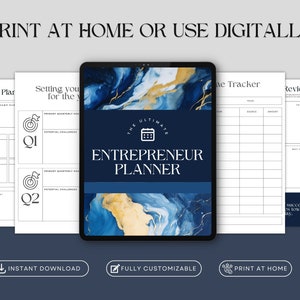 May include: A digital planner with a blue and gold marble design. The planner is titled "The Ultimate Entrepreneur Planner".