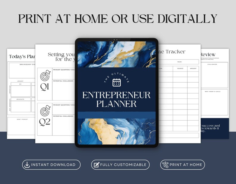 May include: A digital planner with a blue and gold marble design. The planner is titled "The Ultimate Entrepreneur Planner".
