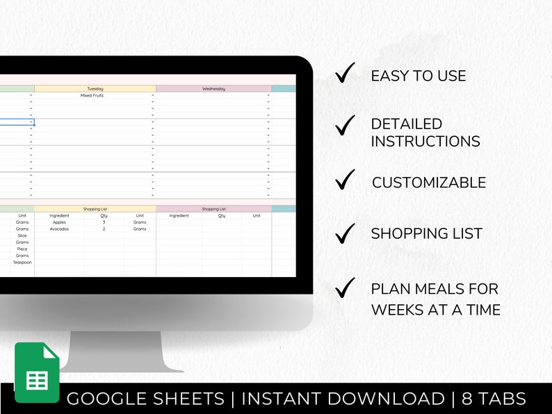 Meal Planner Google Sheets, Meal Plan, Macro Diet Planner, Weekly Meal