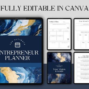May include: A digital planner template with a blue and gold marble design. The text "The Ultimate Entrepreneur Planner" is displayed on the cover. The planner includes sections for daily planning, vision and goals, and top tips for entrepreneurs.