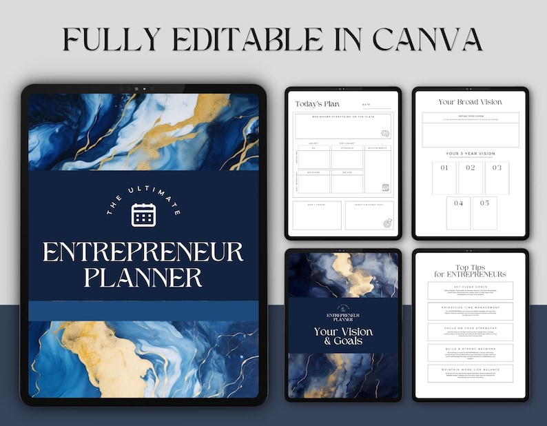 May include: A digital planner template with a blue and gold marble design. The text "The Ultimate Entrepreneur Planner" is displayed on the cover. The planner includes sections for daily planning, vision and goals, and top tips for entrepreneurs.