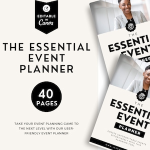 May include: A black and white image of a digital planner with the text "The Essential Event Planner" and "40 Pages". The planner is designed to help you plan events and includes a user-friendly layout.