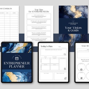 May include: A digital planner with a blue and gold marble design. The planner is titled "The Ultimate Entrepreneur Planner" and includes sections for client contacts, top tips for entrepreneurs, today's plan, and your broad vision.